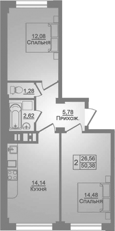 2-комн., 50.38 м², 1/9 этаж, ЖК «Портрет»