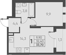 1-комн., 32.4 м², 9/15 этаж, ЖК «Барса»