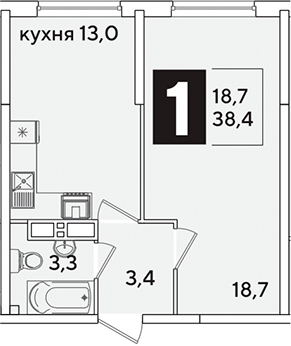 1-комн., 38.4 м², 12/16 этаж, ЖК «Самолет»