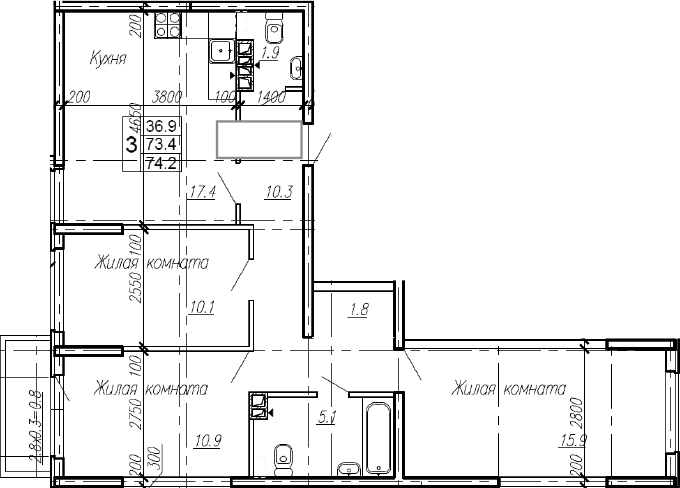 3-комн., 73.4 м², 2/4 этаж, ЖК «Эво»