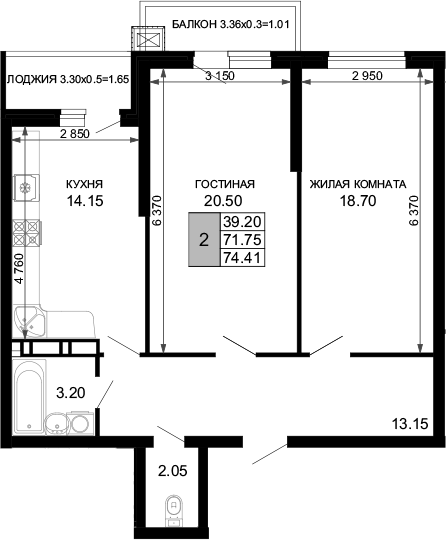 2-комн., 71.75 м², 2/17 этаж, ЖК «Дом на Московской»