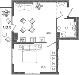 2-комн., 41.2 м², 3/12 этаж, ЖК «Флора»