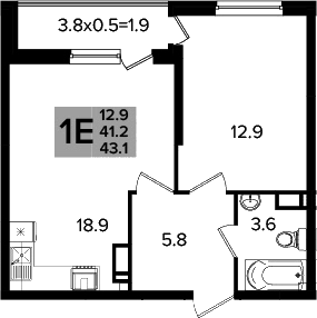 2-комн., 41.2 м², 12/16 этаж, ЖК «Сармат»