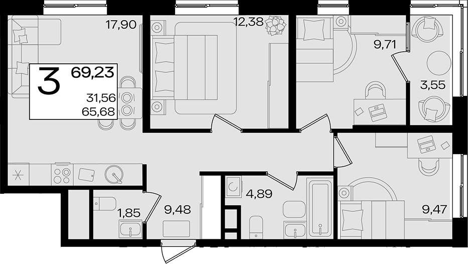 Продается 4-комн. квартира, 65.68 м²