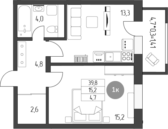 1-комн., 39.8 м², 4/5 этаж, ЖК «Лермонтов»