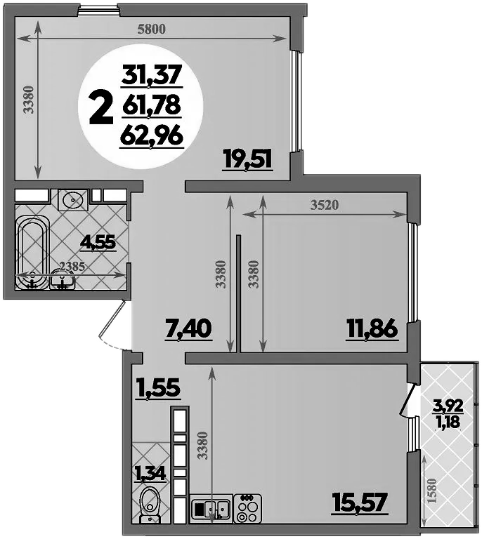 2-комн., 61.78 м², 4/9 этаж, ЖК «Предгорье Лаго-Наки»