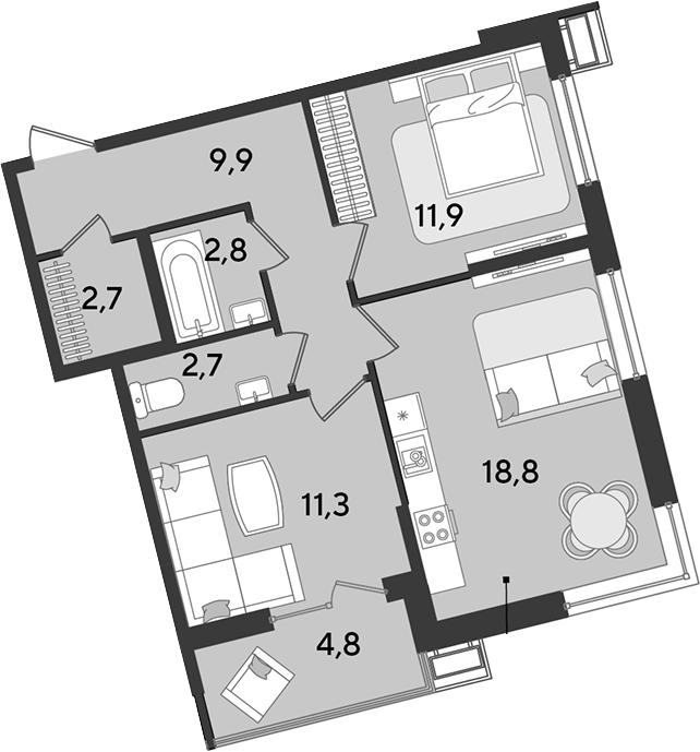 3-комн., 60.1 м², 2/16 этаж, ЖК «Парк Победы»