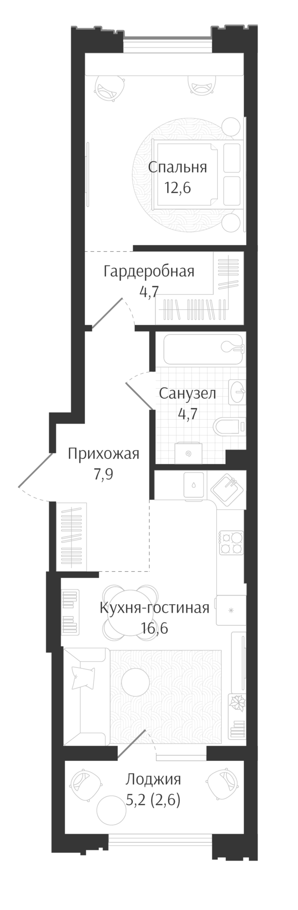 2-комн., 46.5 м², 2/15 этаж, ЖК «Брют Резиденс»