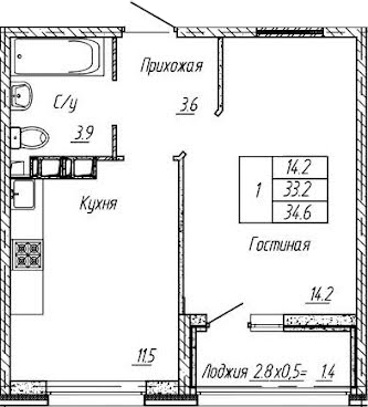 1-комн., 33.2 м², 7/9 этаж, ЖК «Архитектор. ГК ЮгСтройИнвест»