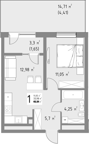 1-комн., 33.98 м², 3/9 этаж, ЖК «Коллекция»