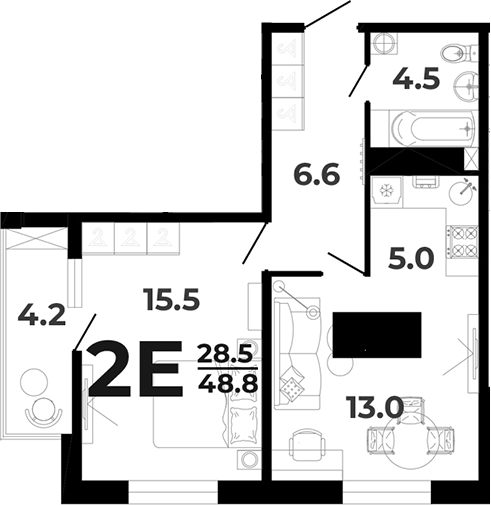 2-комн., 44.6 м², 1/8 этаж, ЖК «Горячий»