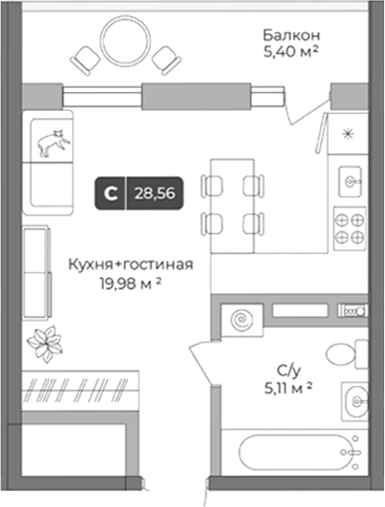 Студия, 26.94 м², 1/10 этаж, ЖК «Цитрус»