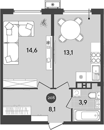 1-комн., 39.7 м², 6/18 этаж, ЖК «Порто-Ново»