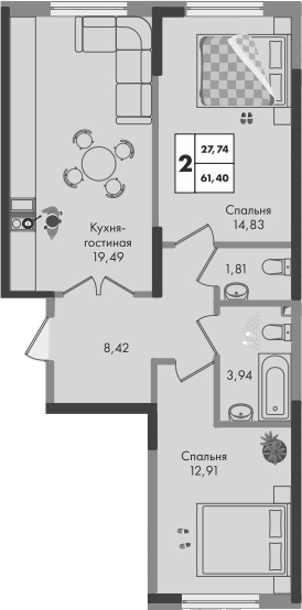 2-комн., 61.4 м², 3/9 этаж, ЖК «Зеленая территория»