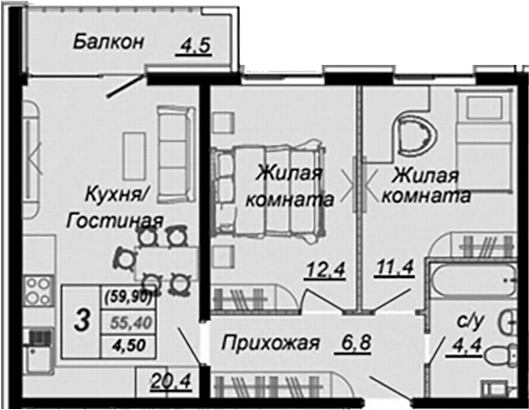 2-комн., 55.4 м², 14/16 этаж, ЖК «Чайные Холмы»