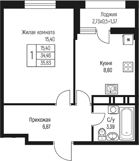 1-комн., 34.46 м², 5/10 этаж, ЖК «Ритм»