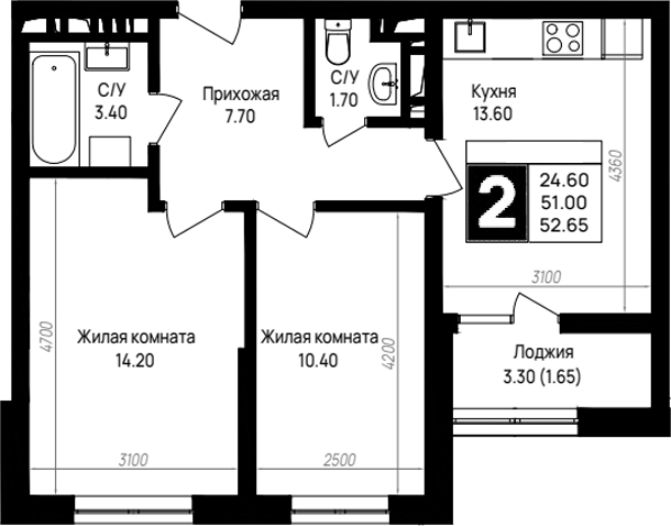 2-комн., 51 м², 5/9 этаж, ЖК «На высоком берегу»