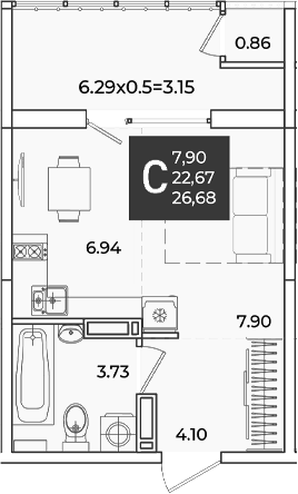 Студия, 22.67 м², 14/18 этаж, ЖК «Образцово»