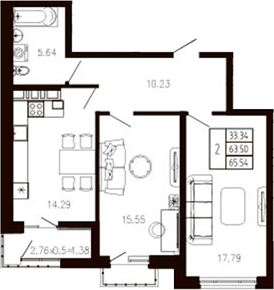 2-комн., 63.86 м², 6/9 этаж, ЖК «Суворов»