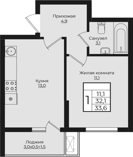 1-комн., 32.1 м², 3/7 этаж, ЖК «Европа-Сити»