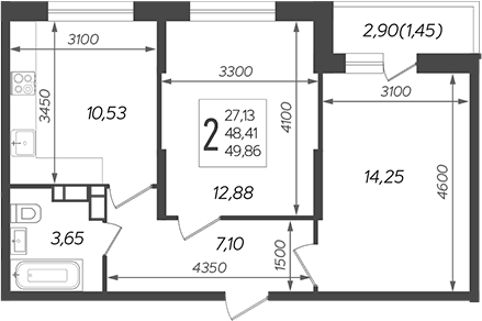 2-комн., 48.41 м², 16/19 этаж, ЖК «Смородина»