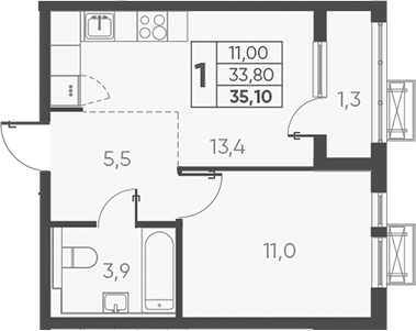 1-комн., 33.8 м², 17/24 этаж, ЖК «Барса»