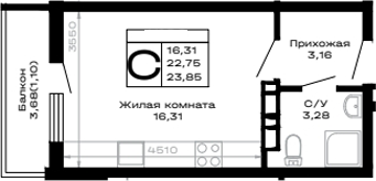 Студия, 22.75 м², 13/16 этаж, ЖК «Горные высоты»