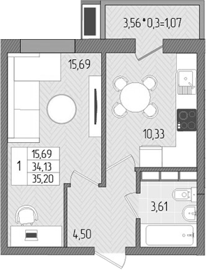 1-комн., 34.13 м², 8/8 этаж, ЖК «Сады у моря»
