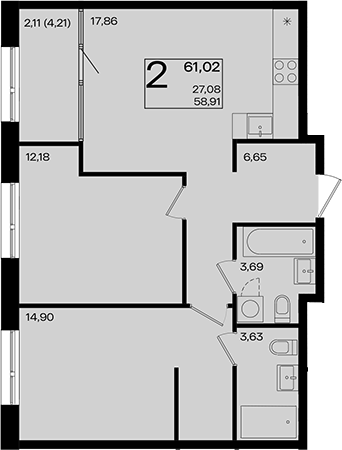 3-комн., 58.91 м², 7/9 этаж, ЖК «Патрики»