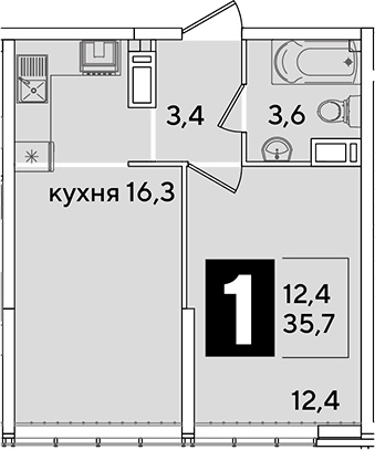 2-комн., 35.7 м², 15/16 этаж, ЖК «Самолет»