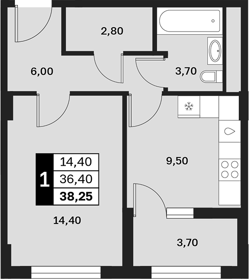 1-комн., 36.4 м², 3/14 этаж, ЖК «Аксис Патриот»