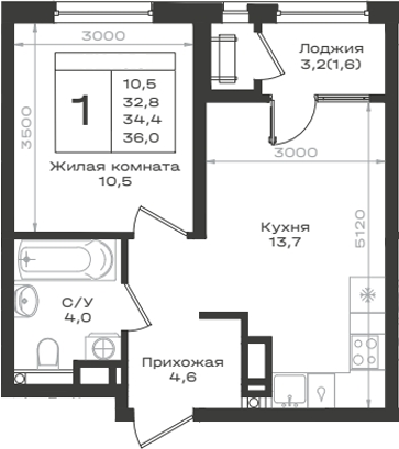 1-комн., 32.8 м², 12/12 этаж, ЖК «Нагория»