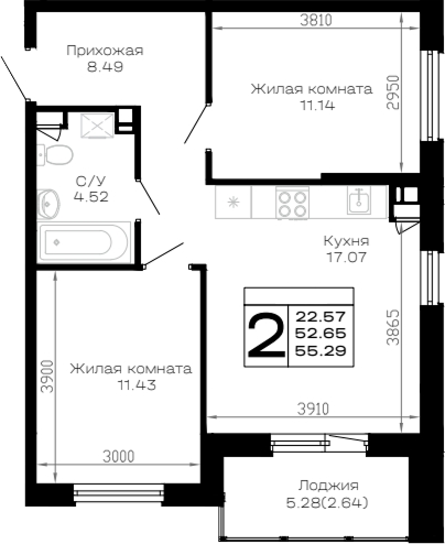 2-комн., 52.65 м², 3/4 этаж, ЖК «Усадьба Гостагаевская»