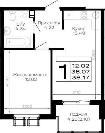 Продается 1-комн. квартира, 36.07 м²