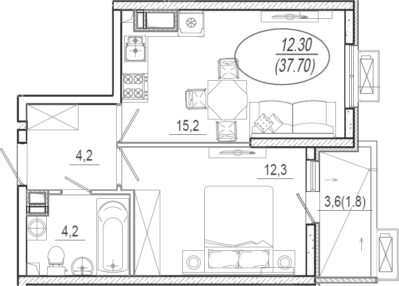 2-комн., 35.9 м², 2/15 этаж, ЖК «Микрорайон Южане»