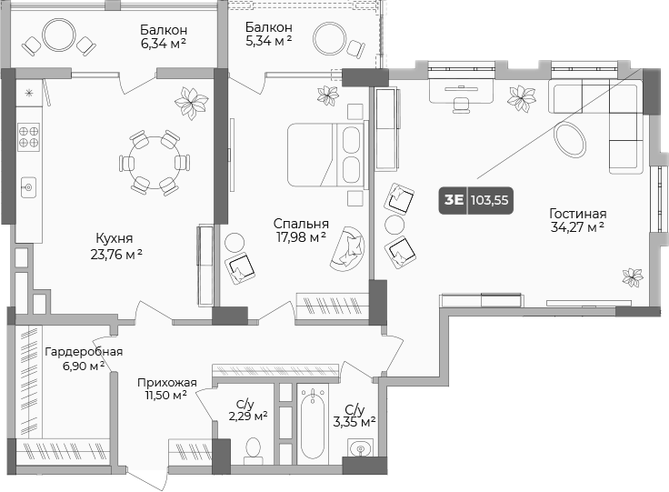 2-комн., 101.95 м², 2/17 этаж, ЖК «Золотой берег. СЗ Среда»