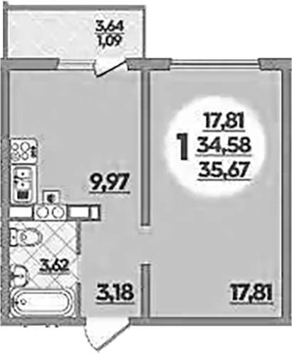 1-комн., 34.58 м², 4/5 этаж, ЖК «Тихорецк»