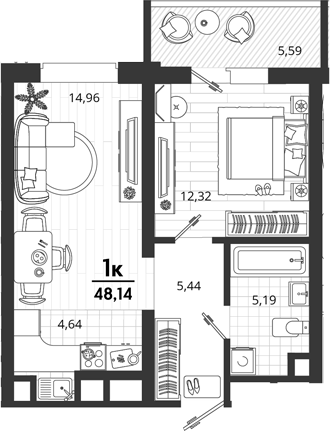 1-комн., 42.55 м², 2/18 этаж, ЖК «Родные Просторы»