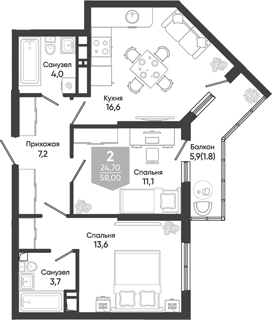 3-комн., 56.2 м², 2/24 этаж, ЖК «Облака»