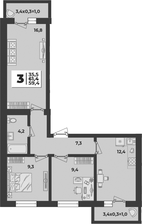 Продается 3-комн. квартира, 59.4 м²