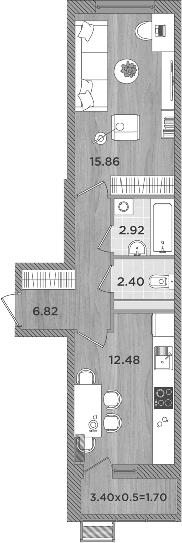 1-комн., 40.48 м², 1/8 этаж, ЖК «Сады у моря»