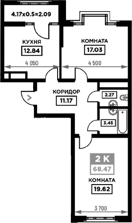 2-комн., 66.38 м², 8/19 этаж, ЖК «Сердце»