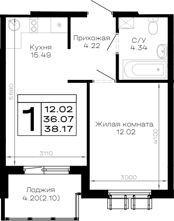 1-комн., 36.07 м², 2/4 этаж, ЖК «Усадьба Гостагаевская»
