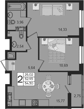 2-комн., 52.92 м², 10/18 этаж, ЖК «Дом 101»