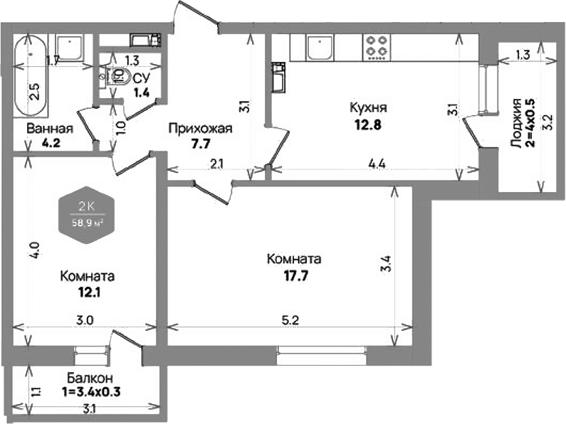 2-комн., 55.9 м², 21/21 этаж, ЖК «Бауинвест»