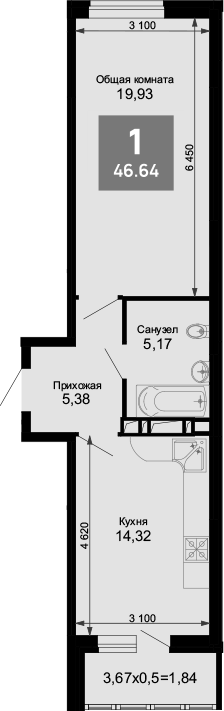 Продается 1-комн. квартира, 44.8 м²