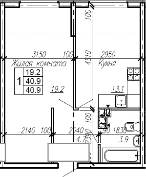 1-комн., 40.9 м², 3/4 этаж, ЖК «Эво»