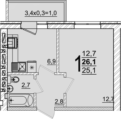 1-комн., 25.1 м², 4/5 этаж, ЖК «Дарград»