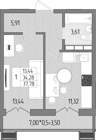 1-комн., 34.28 м², 3/8 этаж, ЖК «Сады у моря»