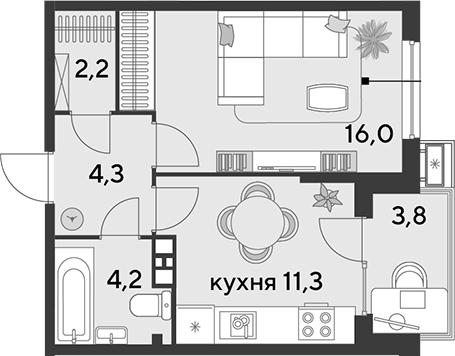 1-комн., 38 м², 9/9 этаж, ЖК «Парк Победы»